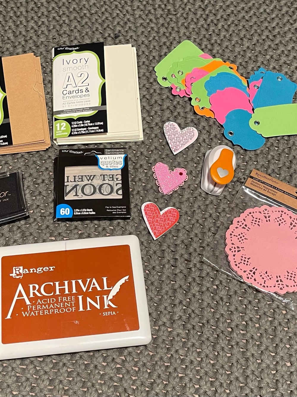 Ranger Archival Ink (Sepia) with Colorful Craft Tags & Hearts